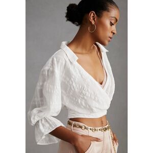 Anthropologie White Surplice Banded Deep V Collared Blouse sz 2X